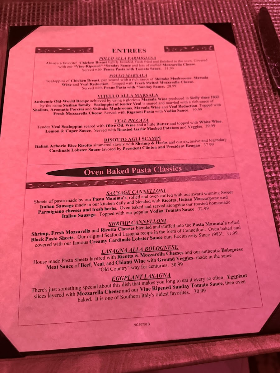 Filomena Ristorante Menu - Image 1